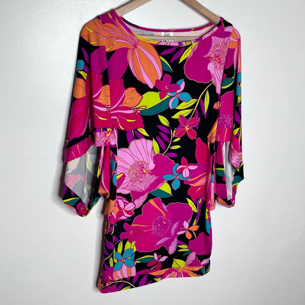 Trina Turk Floral Swim Cover Up Tunic Dress Pink Black Tropical Size S Resort - Picture 3 of 9